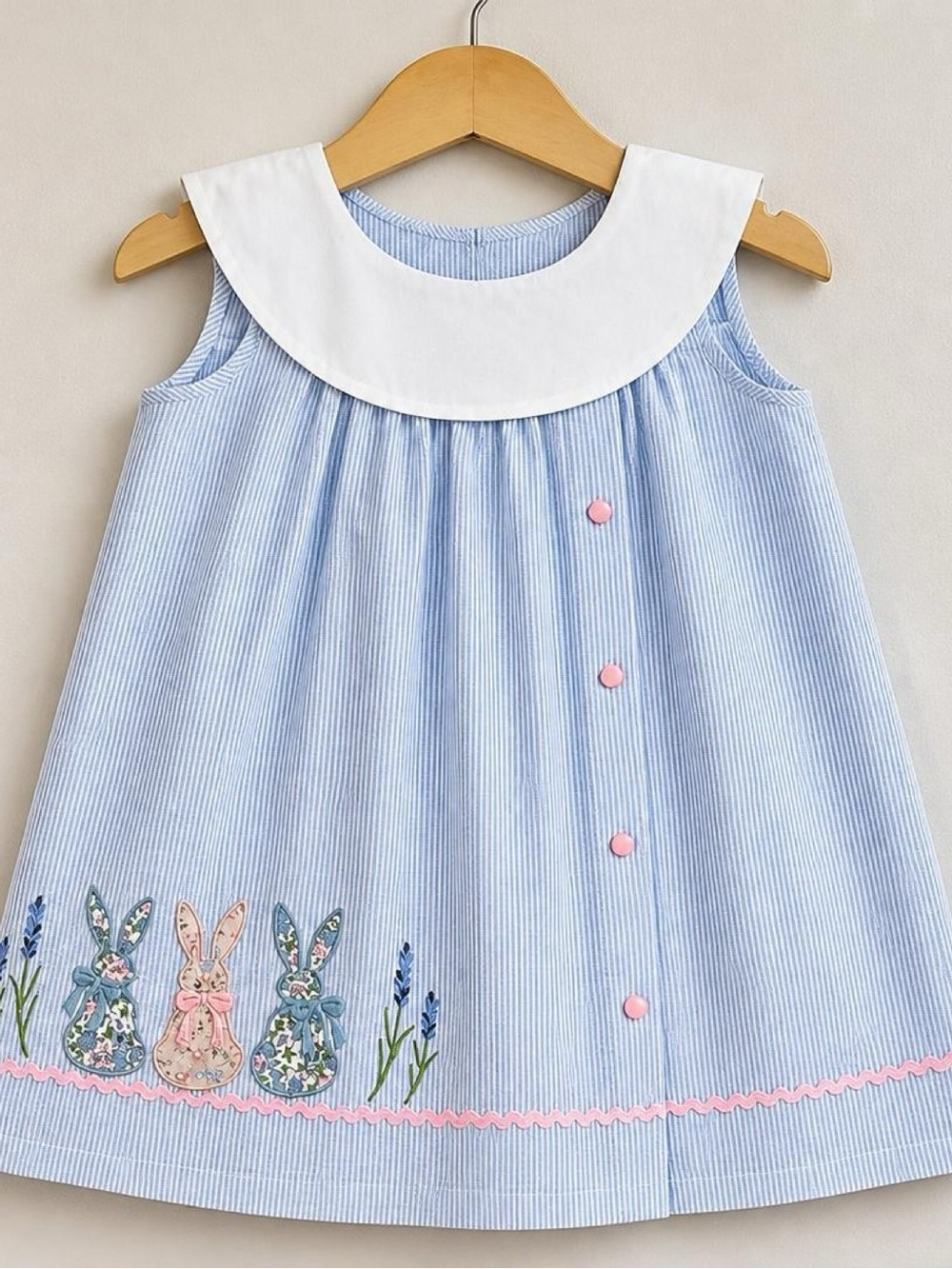 Lil Cactus Girls 5Y  Bunny Dress Blue Seersucker Peter Pan Collar Cute